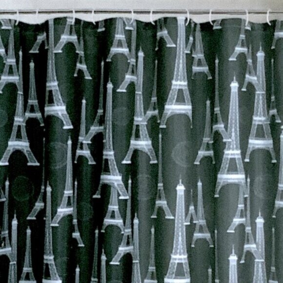 Blissful Bath Paris Shower Curtain Fabric Paris Eiffel Tower Hooks Black White - Picture 2 of 15
